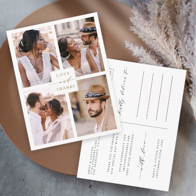 Modern 4 Foto Collage Gold Hochzeit Vielen Dank Postkarte (Front & Back)