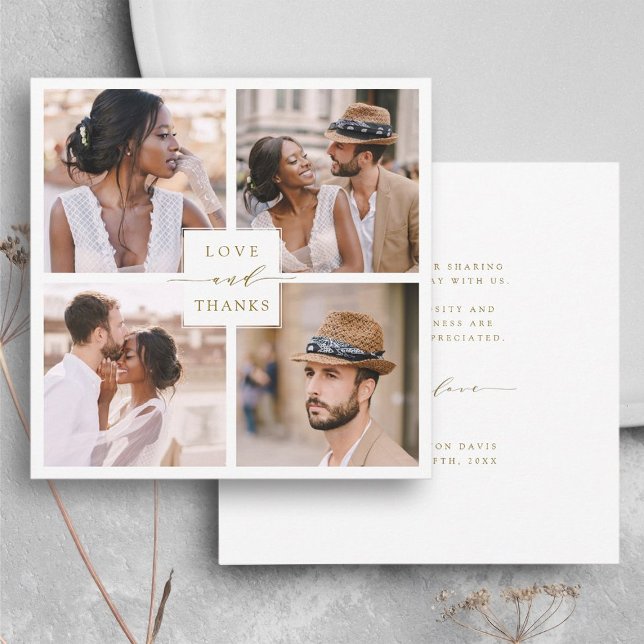 Modern 4 Foto Collage Gold Wedding Square Dankeskarte (Front & Back)