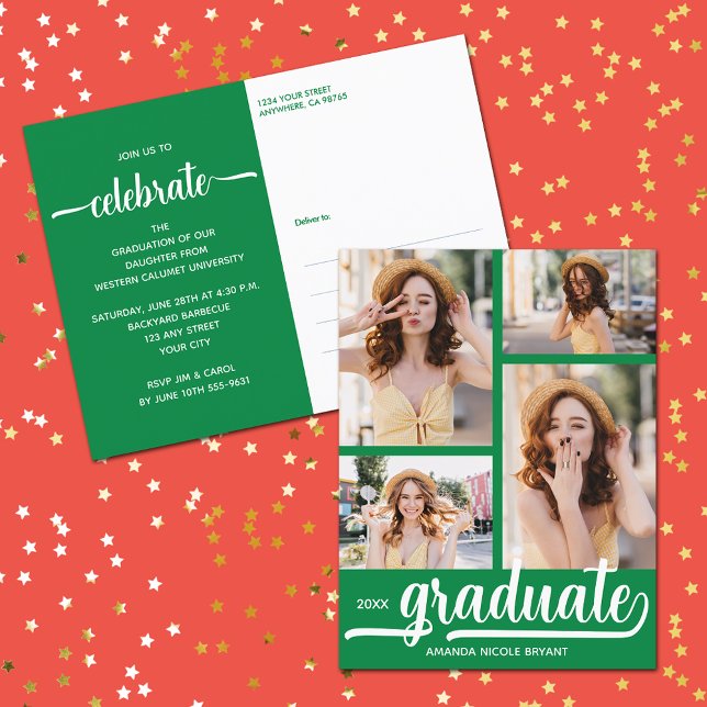 Modern 4 Foto Collage Green Graduate Einladung Postkarte (4 Photo Collage Green Graduate Invitation Postcards)