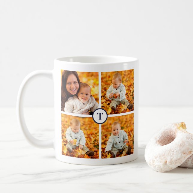 Modern 4 Foto Collage Navy Blue Monogram Kaffeetasse (Mit Donut)