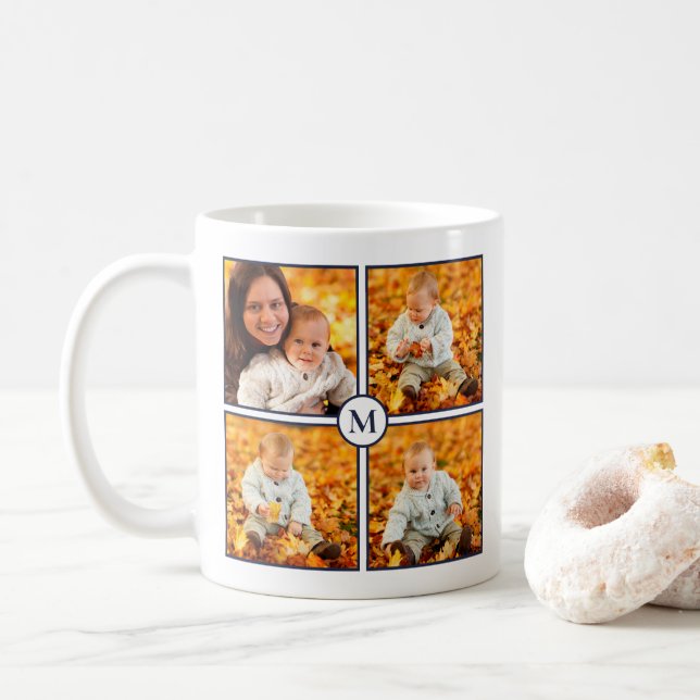 Modern 4 Foto Collage Navy Blue Monogramm auf Weiß Kaffeetasse (Mit Donut)