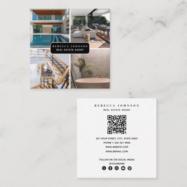 Modern 4 Foto Real Anwesen Agent QR Code Quadratische Visitenkarte (Vorne/Hinten)