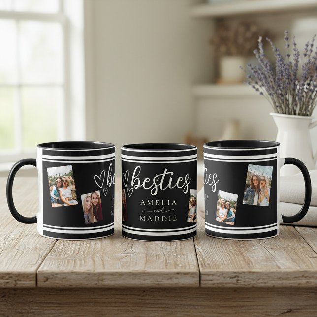Modern 4 Photo Besties Black and White  Tasse (Modern 4 Photo Besties Black and White Mug Front, right and left sides shown.)