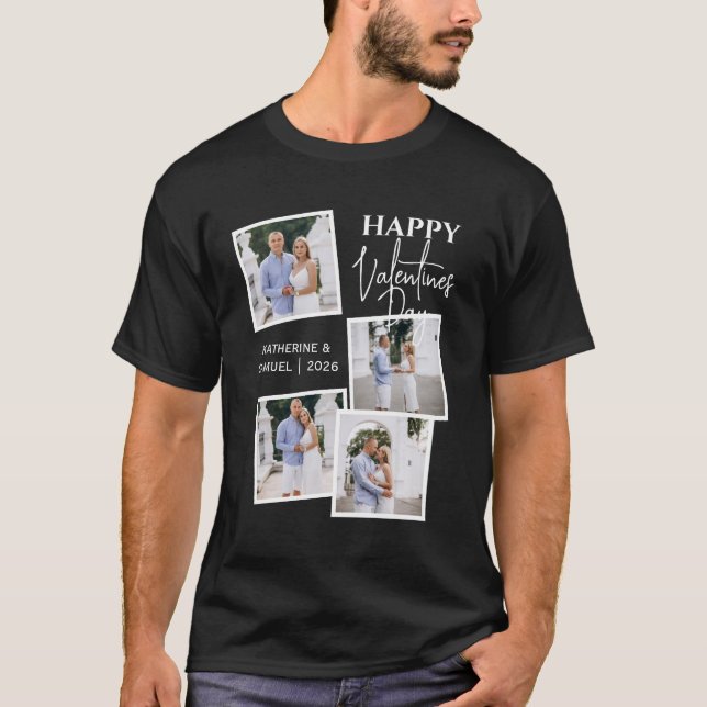 Modern 4 Photo Collage Happy Valentine’s Day Black T-Shirt (Vorderseite)