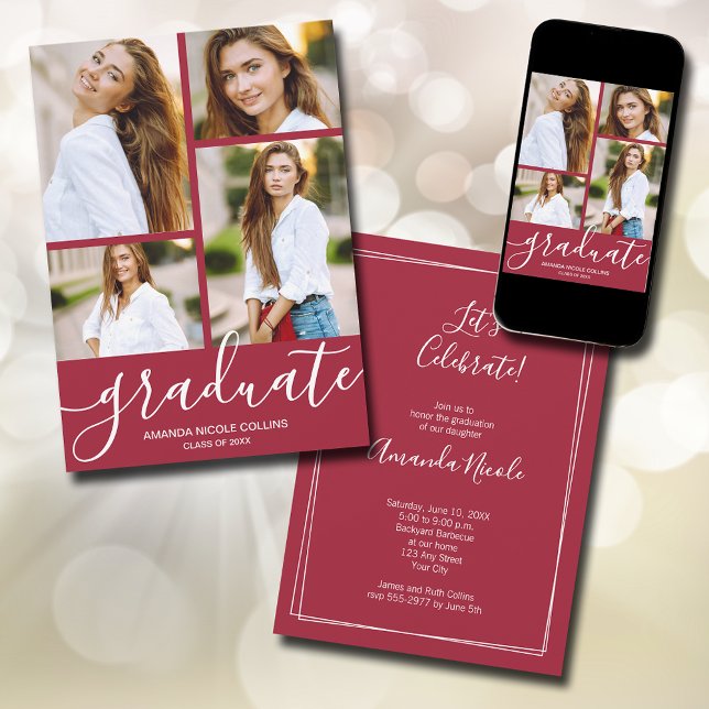Modern 4 Photo Crimson Graduation Ankündigung (Modern script 4 photo crimson red graduation announcements - PRINTED and/or INSTANT DOWNLOAD)