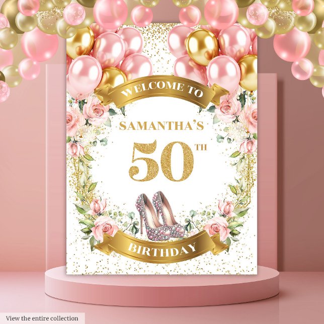 Modern 50. Geburtstag Blush Blume Glitzer Banner Wandteppich (Modern 50th Birthday Blush Flowers Glitter Banner Tapestry)