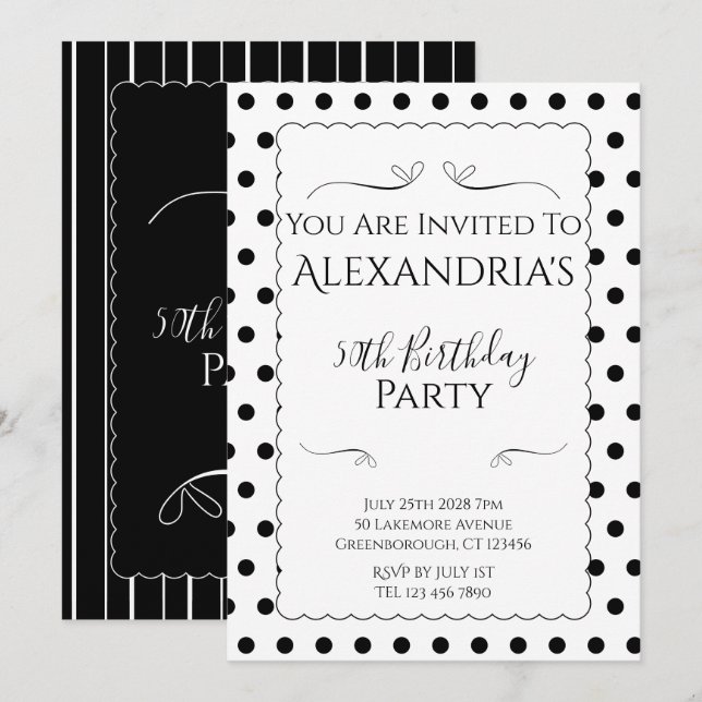 Modern 50th Birthday Party Black and White Einladung (Vorne/Hinten)