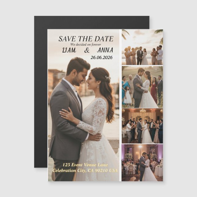 Modern 5 Photo Wedding Save the Date Card Magneteinladung (Vorne/Hinten)
