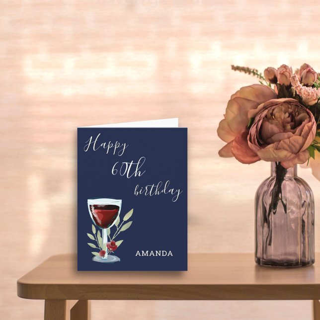 Modern 60. Happy Birthday Red Wine Navy Blue Card Einladung (Von Creator hochgeladen)