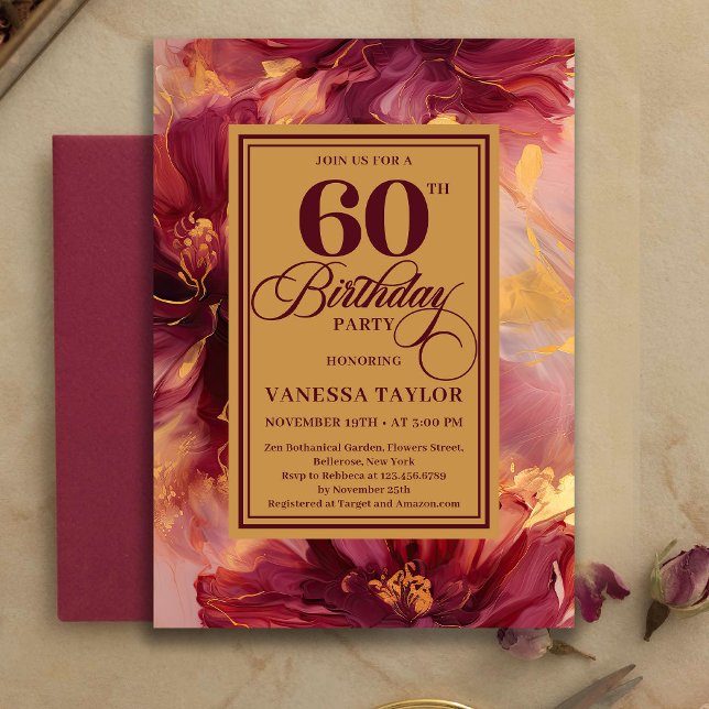 Modern 60th Birthday Burgundy Blush Boho Gold Einladung (Modern 60th Birthday Burgundy Blush Boho Gold Invitation)