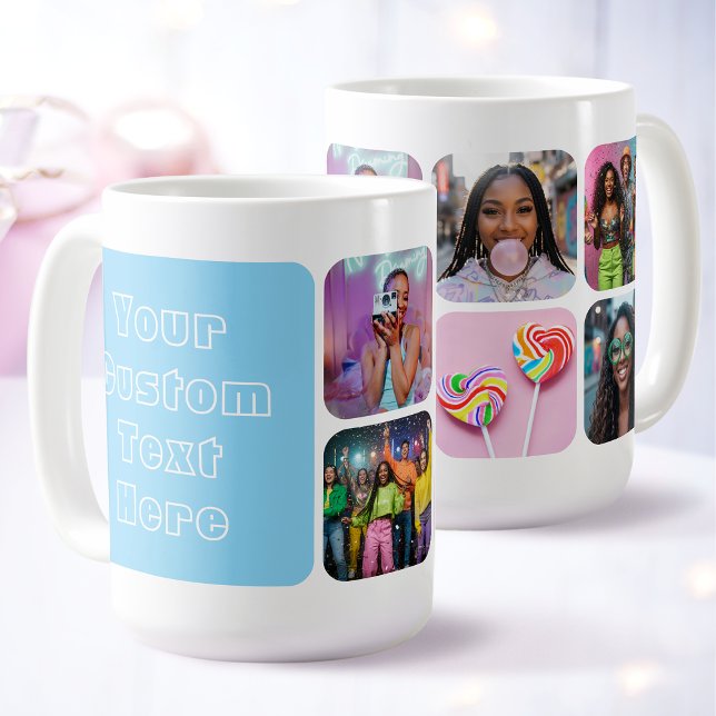 Modern 6 Custom Photo Text Besties Retro Blue Kaffeetasse (Von Creator hochgeladen)