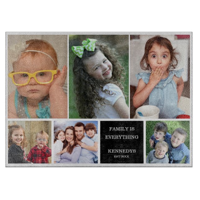Modern 6 Foto Collage Quote Familienname Schneidebrett (Vorderseite)
