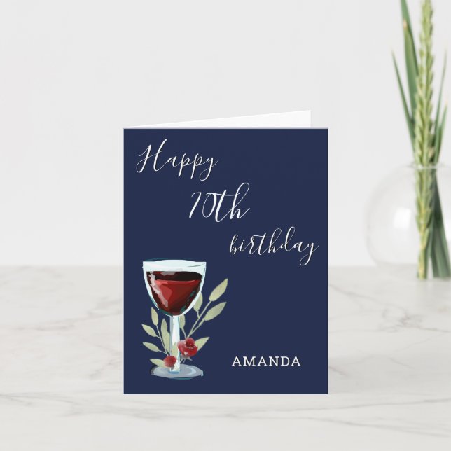 Modern 70. Happy Birthday Red Wine Navy Blue Card Einladung (Vorderseite)