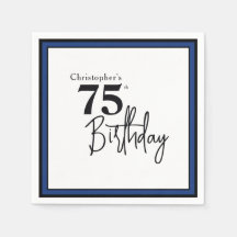Modern 75th Birthday Napkins Elegant Black Blue