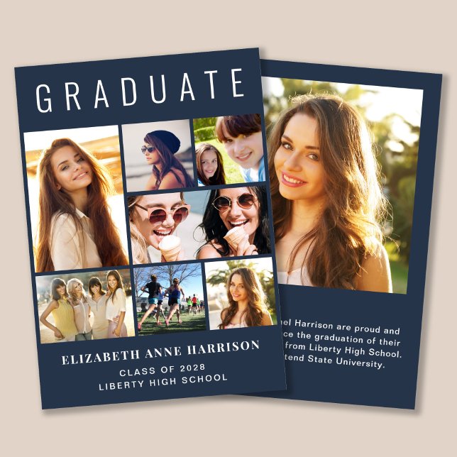 Modern 7 Foto Collage Blue Abschluss Ankündigung (Cherish the milestone: share your graduate's achievement with a custom photo graduation announcement)