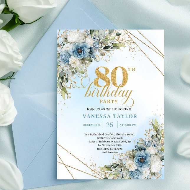 Modern 80th Birthday Invite Boho Dusty Blue Floral Einladung (Modern 80th Birthday Invite Boho Dusty Blue Florals)