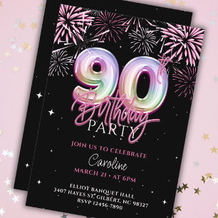 Modern 90. Pink Foil Ballon Feuerwerk Geburtstag Einladung