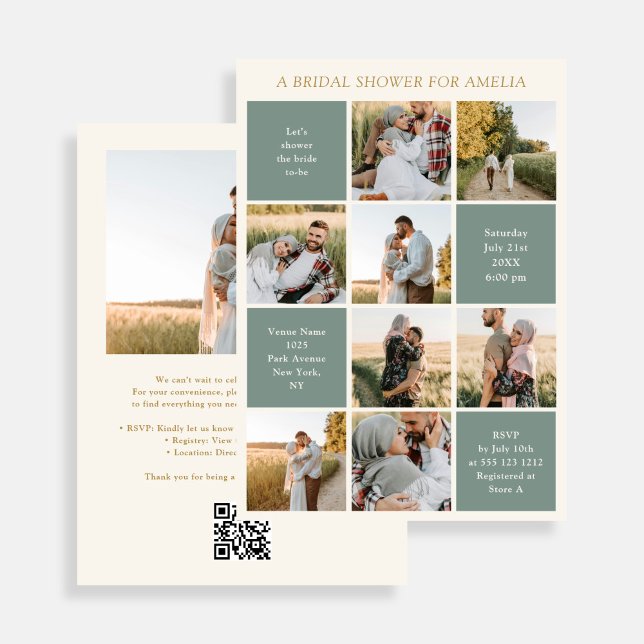 Modern 9 Photo Collage Sage Green Bridal Shower Einladung (Von Creator hochgeladen)