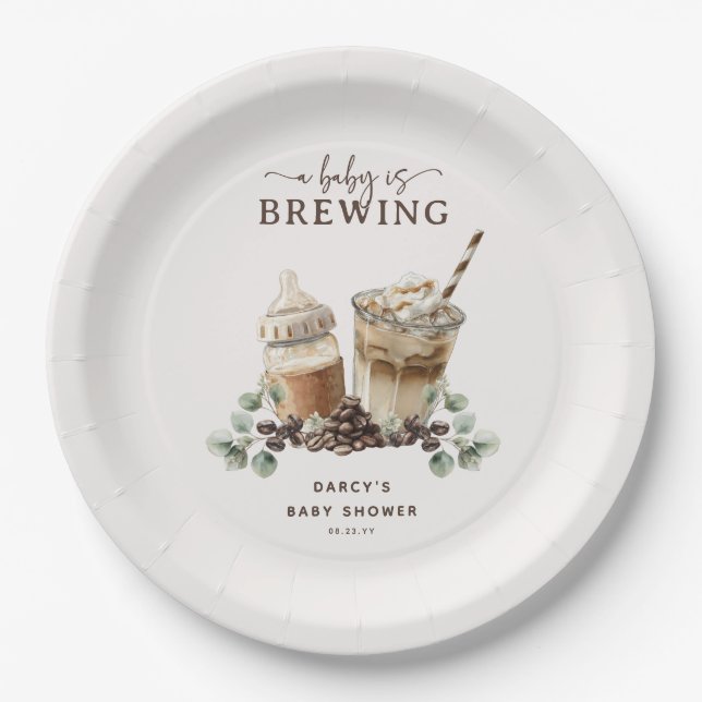 Modern 'a Baby is Brewing' Coffee Baby Shower Pappteller (Vorderseite)