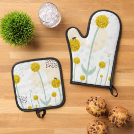 Modern Abstract Botanical Yellow Billy Button Ofenhandschuh & Topflappen-Set