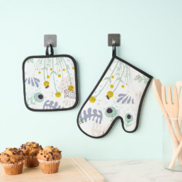 Modern Abstract Botanical Yellow Billy Button Ofenhandschuh & Topflappen-Set