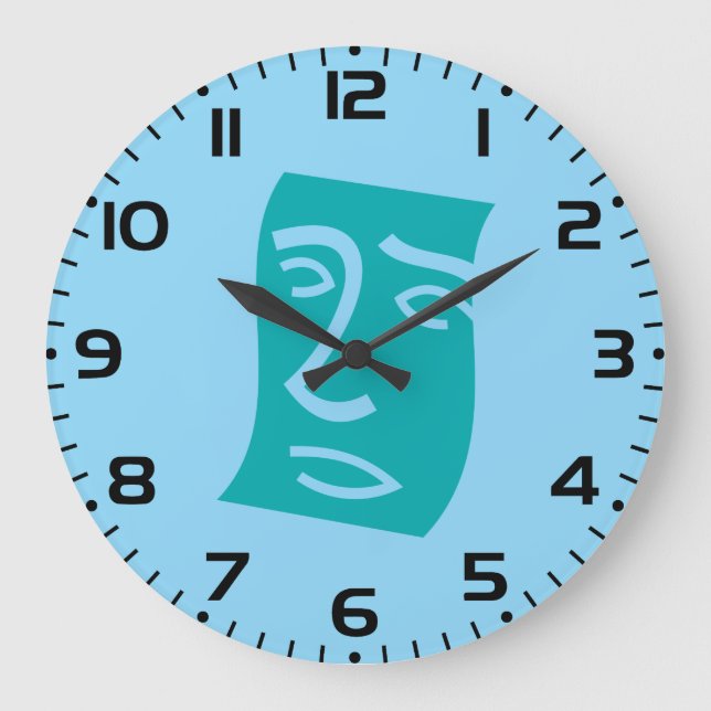 Modern Abstract Face Line Art Teal Große Wanduhr (Vorderseite)