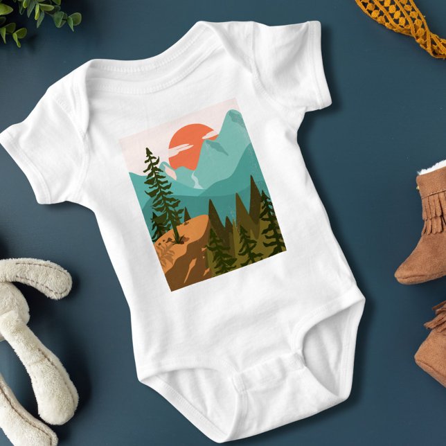 Modern Abstract Forest, Mountains, and Sunrise Baby Strampler (Close up)