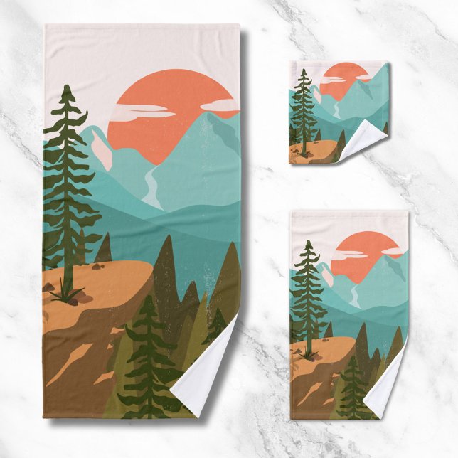 Modern Abstract Forest, Mountains, and Sunrise Badhandtuch Set (Close up)