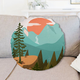 Modern Abstract Forest, Mountains, and Sunrise Rundes Kissen