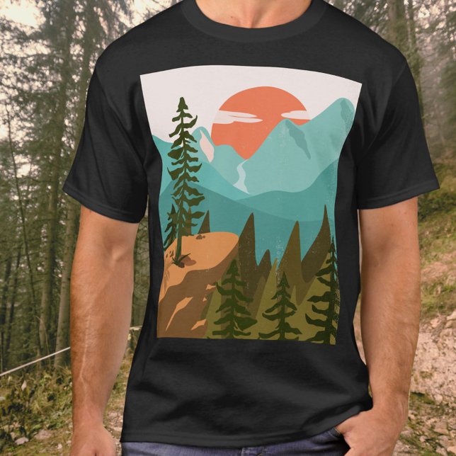 Modern Abstract Forest, Mountains, and Sunrise T-Shirt (In situ)