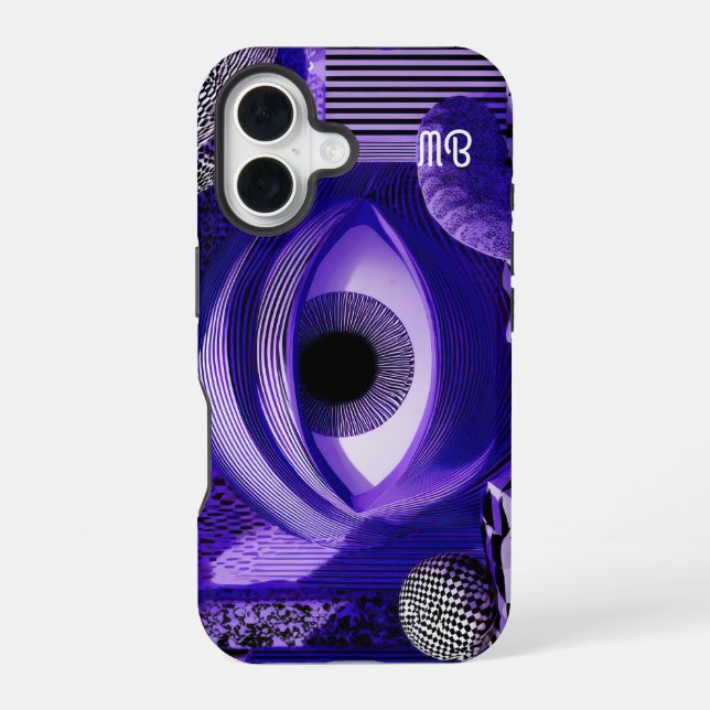 Modern Abstract Geometric Black White Purple Art iPhone 16 Hülle (Rückseite)
