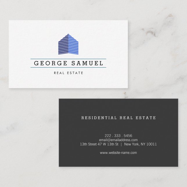 Modern Abstract Home Logo Realtor Blue Monogram Visitenkarte (Vorne/Hinten)