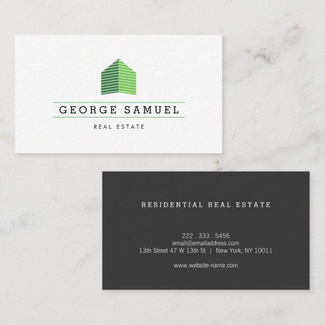 Modern Abstract Home Logo Realtor Green Monogram Visitenkarte (Vorne/Hinten)