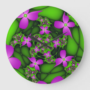 Modern Abstract Neon Pink Green Fractal Flowers Große Wanduhr