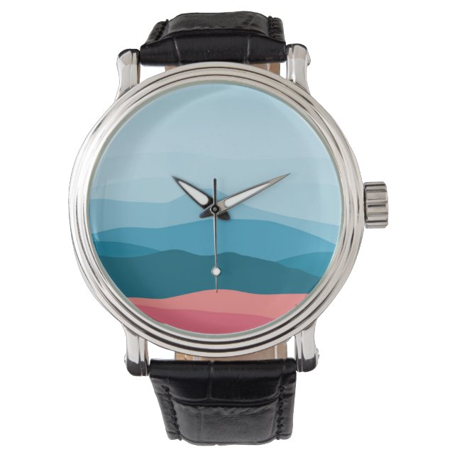 Modern Abstract Pastel Blue Pink Mountains Armbanduhr (Vorderseite)