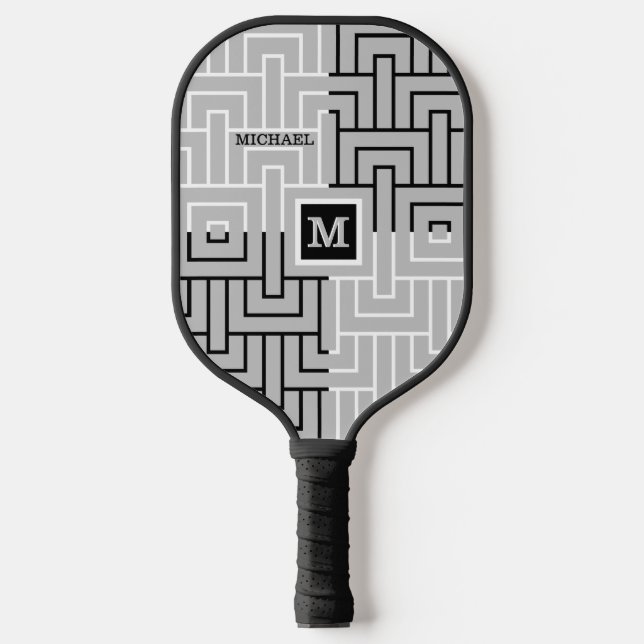 Modern Abstrakter Name für Schwarz-weiße Monogramm Pickleball Schläger (Vorderseite)