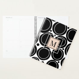 Modern Abstraktes Schwarz-weiß-Blütenrosa Monogram Planer