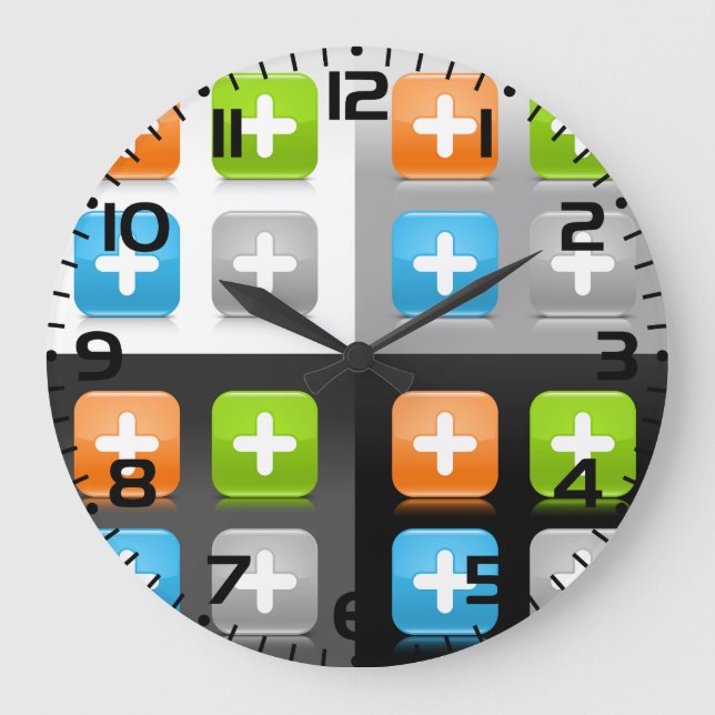 Modern Addition Math Symbol Shiny Glassy Icons Große Wanduhr (Vorderseite)