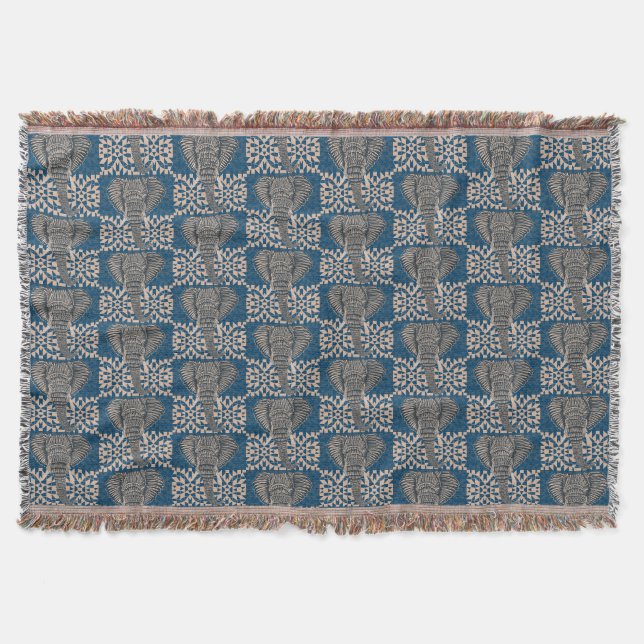Modern African Elephant Head Geometric Blue Decke (Vorderseite)