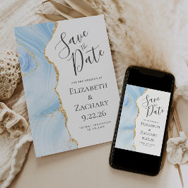Modern Agate Baby Blue Gold Save the Date Card Einladung