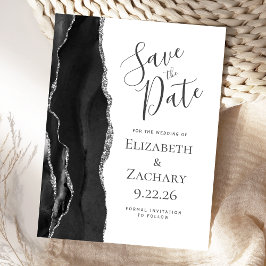 Modern Agate Black Silver Save the Date Ankündigungspostkarte