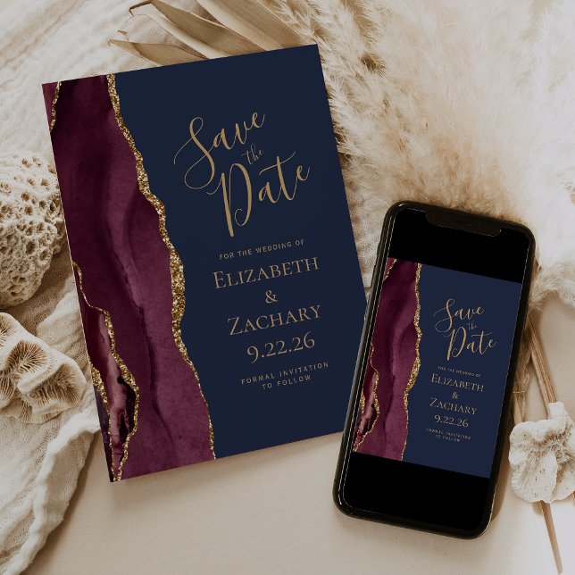 Modern Agate Burgundy Gold Navy Blue Save the Date Ankündigung (Von Creator hochgeladen)