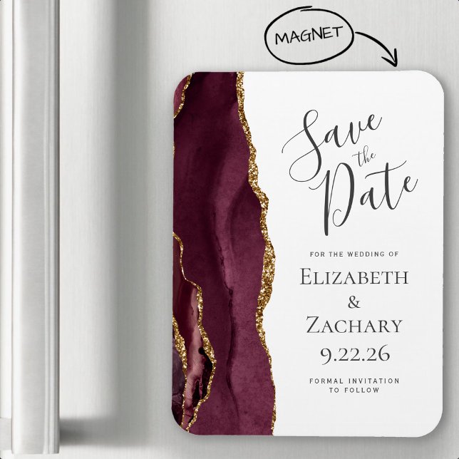 Modern Agate Burgundy Gold Save the Date Magnet (Von Creator hochgeladen)