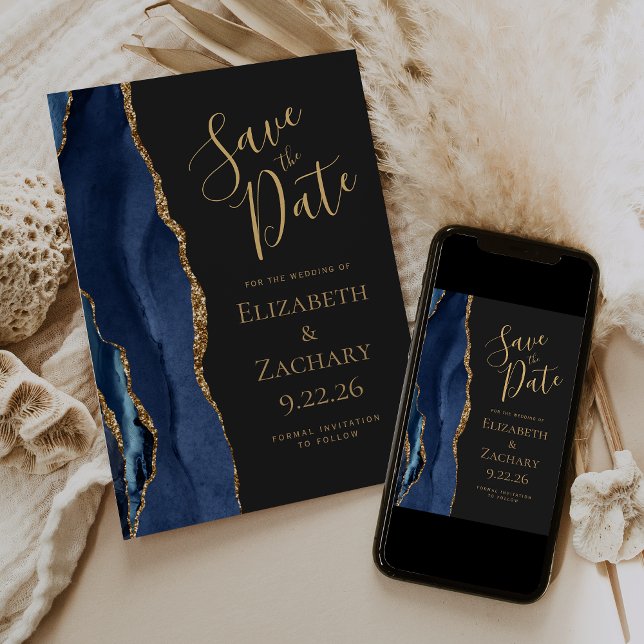 Modern Agate Navy Blue Gold Dark Save the Date Einladung (Von Creator hochgeladen)