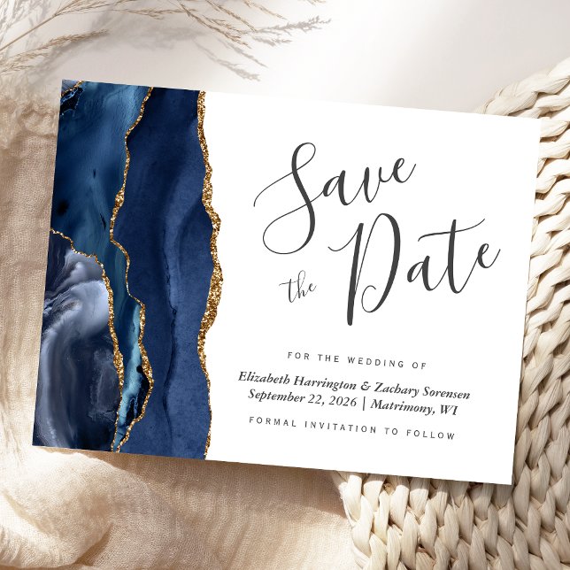 Modern Agate Navy Blue Gold Save the Date Ankündigungspostkarte (Von Creator hochgeladen)