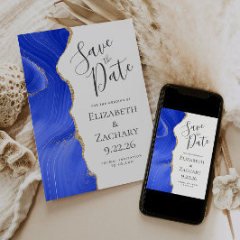 Modern Agate Royal Blue Gold Save the Date Card Einladung