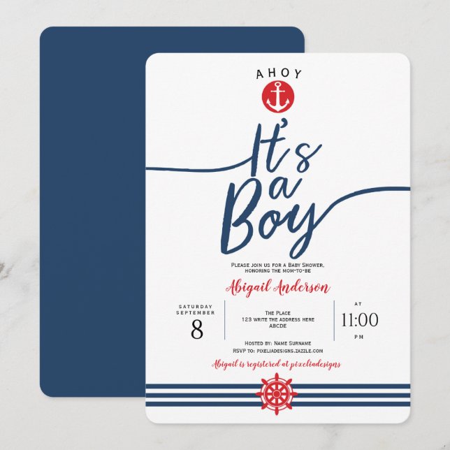 Modern, Ahoy, es ist eine Boy, Nautical, Baby Boy  Einladung (Vorne/Hinten)
