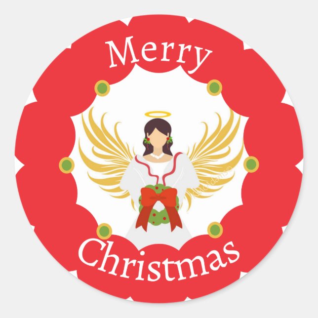 Modern Angel Merry Christmas Red Wreath Runder Aufkleber (Vorderseite)