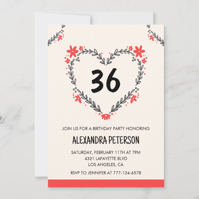 Modern Any age Floral Heart für ihren 36. Geburtst Einladung (Vorderseite)
