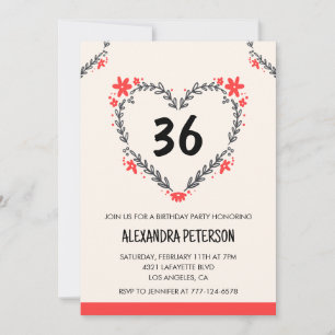 Modern Any age Floral Heart für ihren 36. Geburtst Einladung